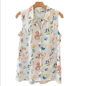 J. Jill Sz S White Spring Summer Flowers Sleeveless Linen Collar Button-Up Shirt